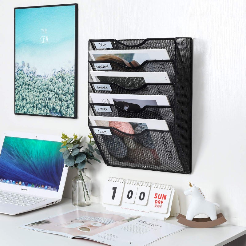 PAG Hanging Wall File Holder Mail Organizer Wall Mount Document Letter Rack, 5-Tier, Black - Image 5